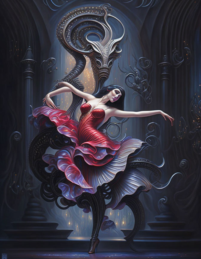 Graceful dancer in red and black dress surrounded by intricate swirling patterns