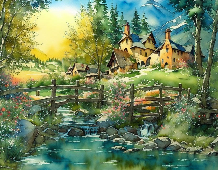 Tranquil watercolor painting of village by stream & mountains