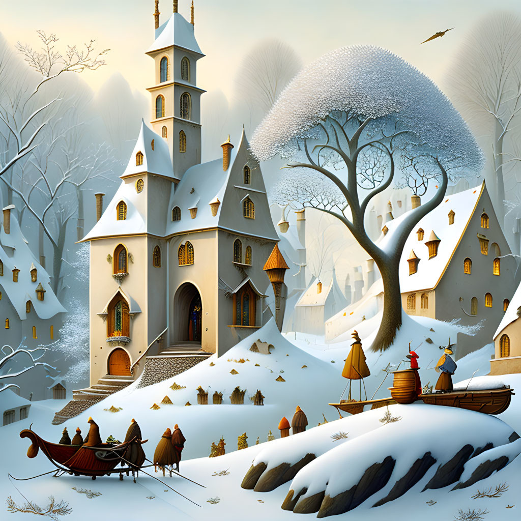 Winter Wonderland: Central Building, Snow-Covered Cottages, Sled, Frosty Tree