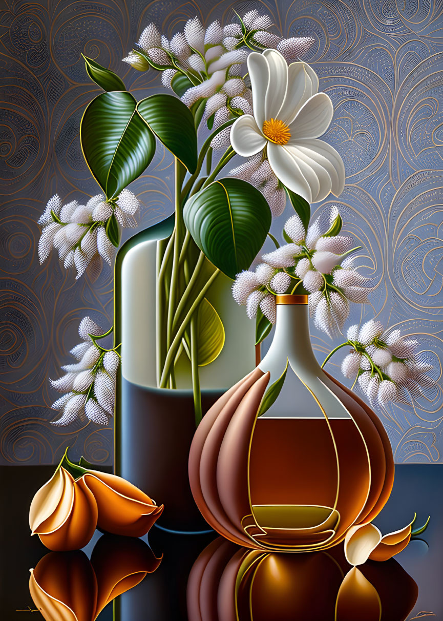 White Cosmos Flower in Vase with Golden Bottle and Seeds on Patterned Background