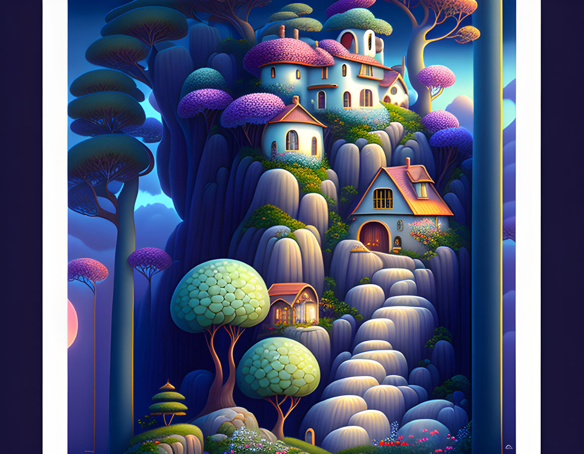 Whimsical houses on lush hills under twilight sky