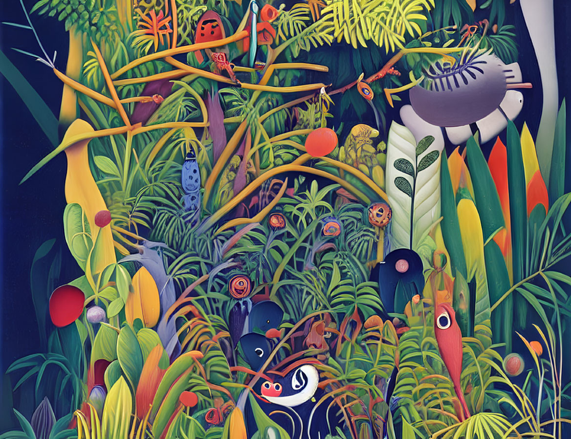 Colorful Jungle Scene with Stylized Animals and Lush Flora