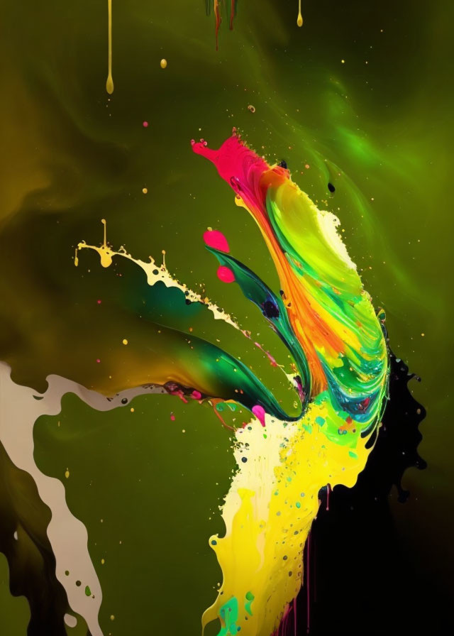 Colorful paint splashes frozen in motion on dark green backdrop