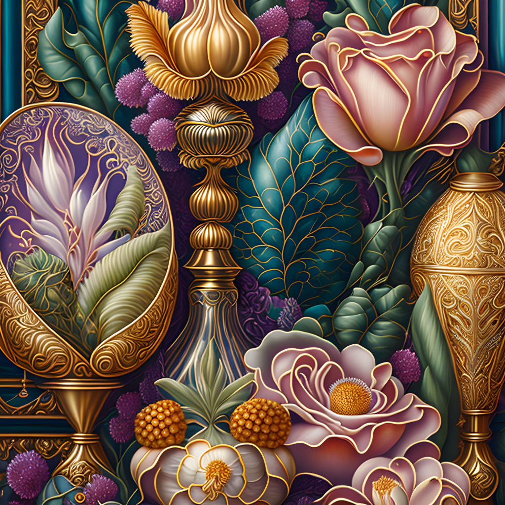 Detailed digital artwork: stylized botanical elements, vases, ornate patterns