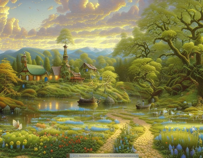 Tranquil landscape painting of lush village with cottages, flower beds, pond, boats, and