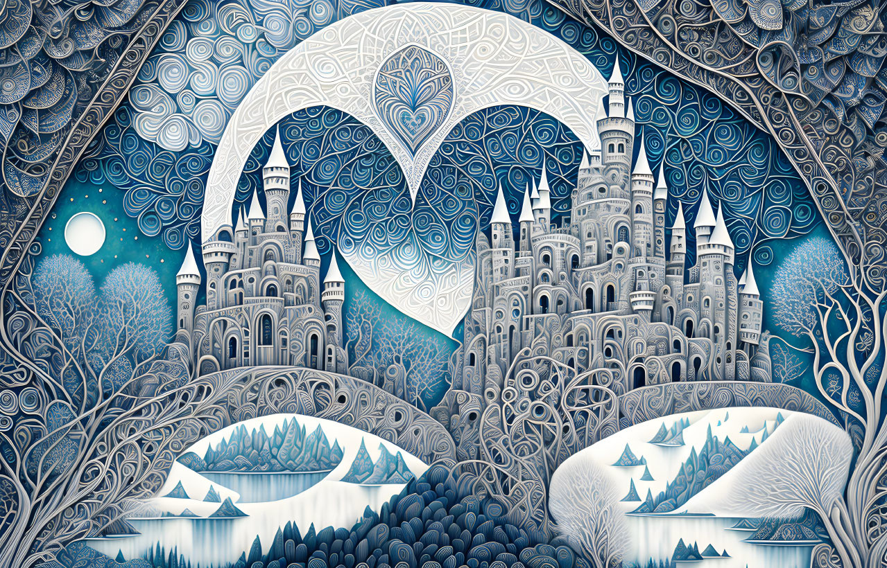 Whimsical castle in a forest with heart-shaped moon