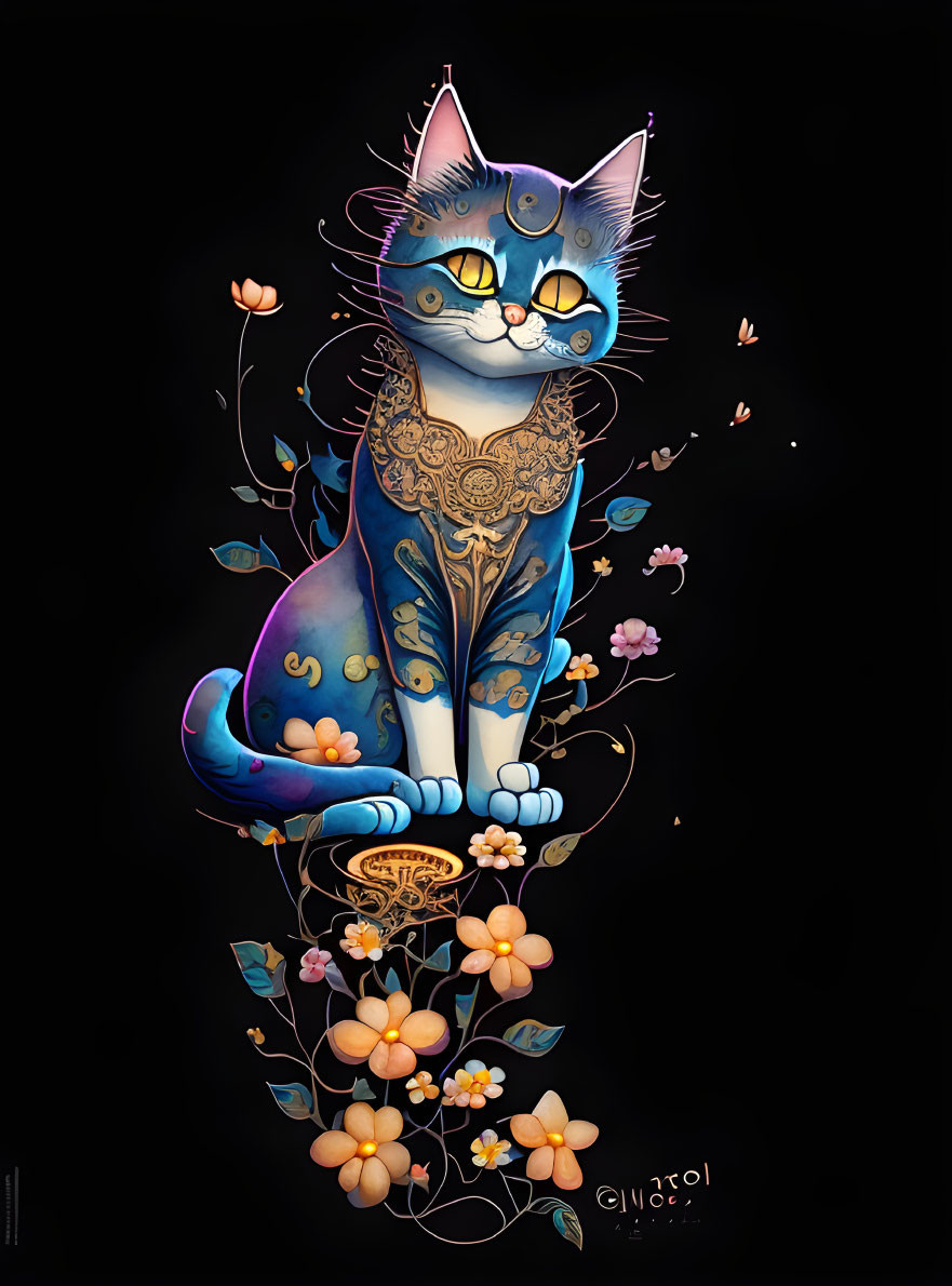 Stylized blue and purple cat with golden patterns on vine against black background