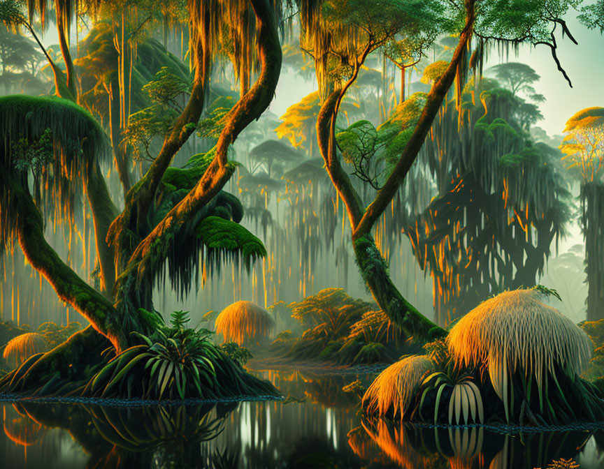 Enchanting forest with hanging moss, lush greenery, dense trees, and reflective water.