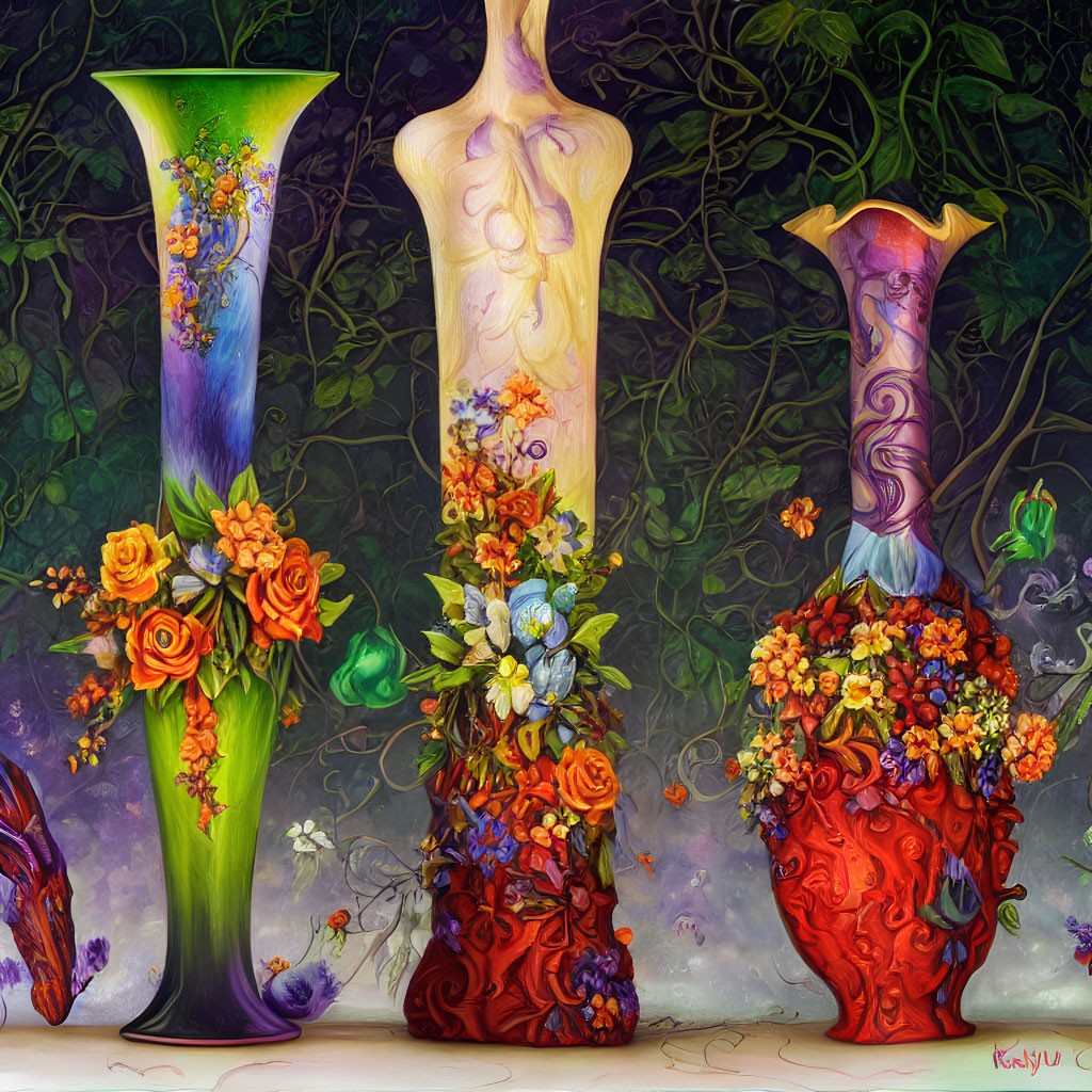 Colorful Floral Arrangements on Decorated Vases