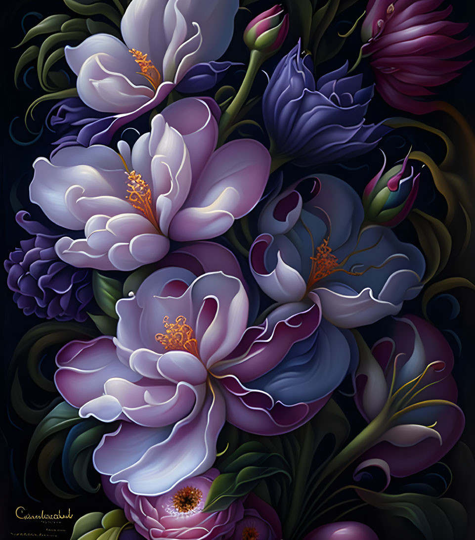 Vivid digital art: lush purple flowers with intricate details on dark background