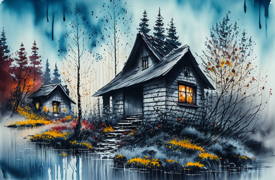 Tranquil watercolor painting of cozy cabins by a reflective lake