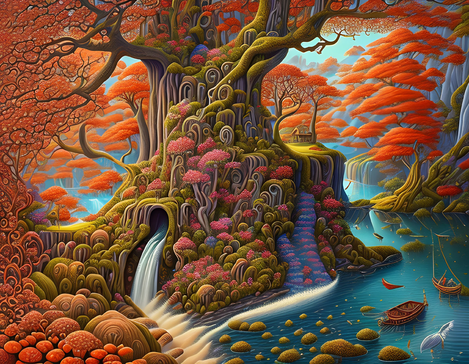 Colorful Landscape with Intricate Tree, Waterfalls, Flora, and River Boat