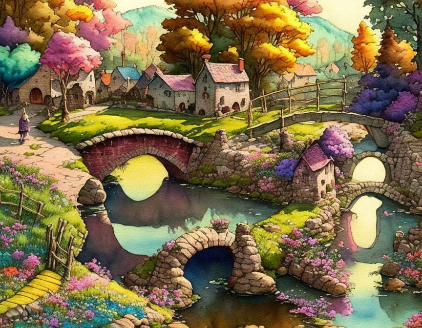 Colorful Illustration of Whimsical Village with Stone Houses and Arched Bridge