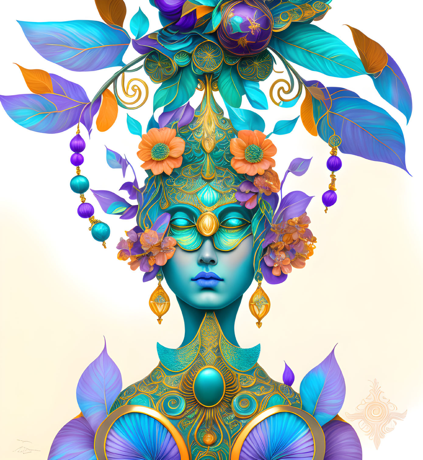 Blue-skinned figure adorned with golden filigree and celestial elements.