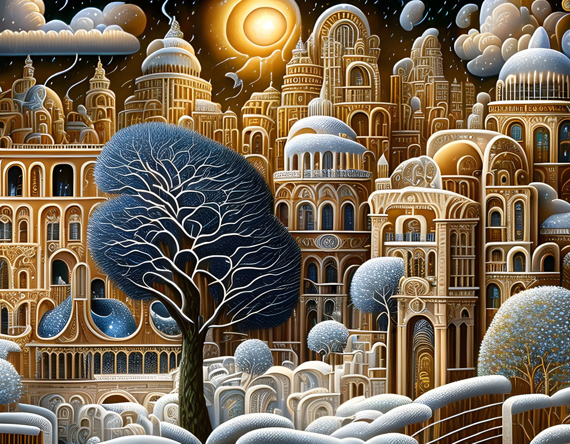 Surreal landscape with stylized tree and fantastical architecture