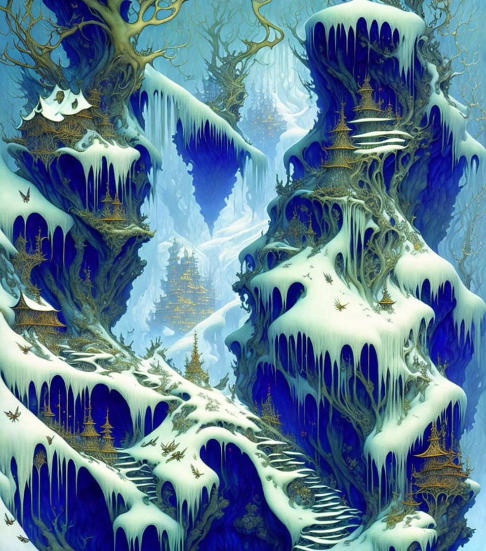 Fantastical landscape with icy cliffs, snow-laden trees, golden pagodas, and mist