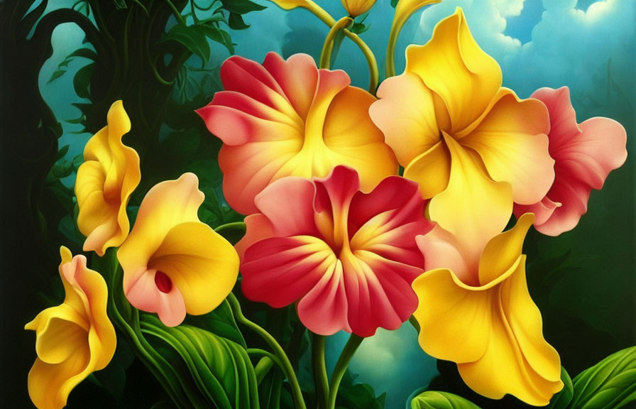 Vibrant Yellow and Pink Flowers with Green Leaves on Blue Background