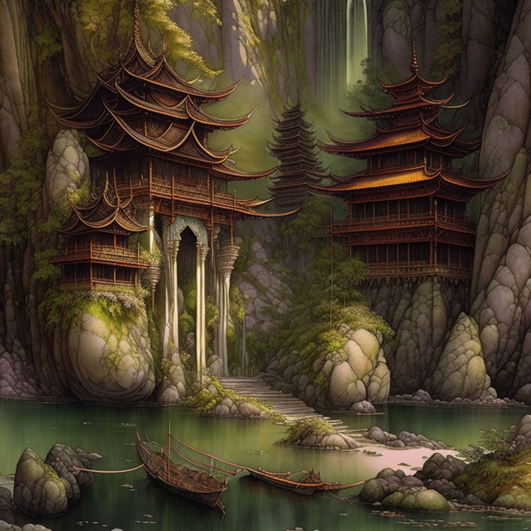 Tranquil Asian pagoda structures in serene natural setting