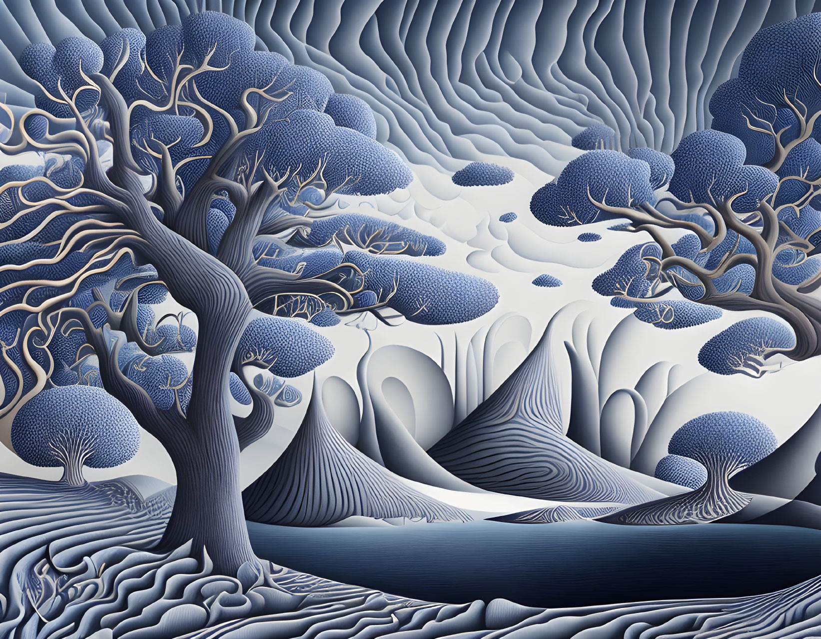 Surreal landscape with stylized blue trees and striped hills