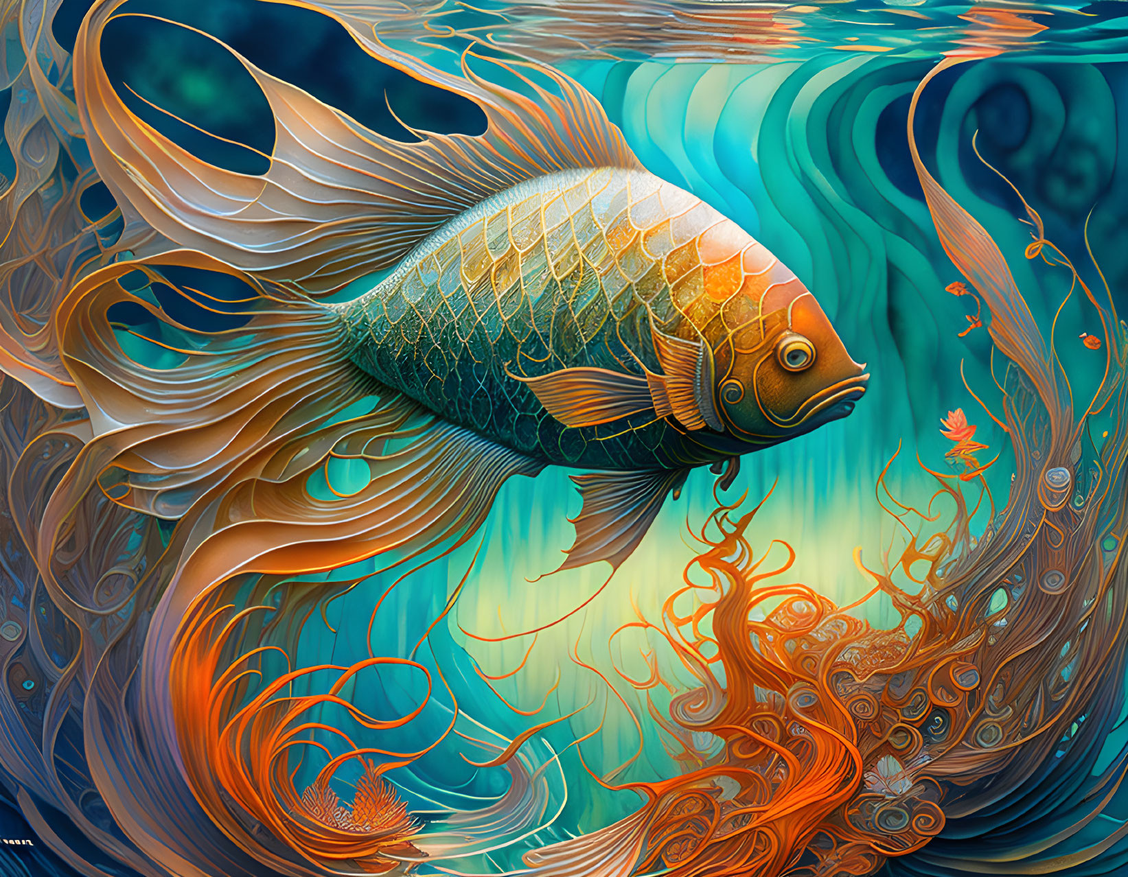 Colorful digital art: Goldfish with intricate fin patterns in teal water.