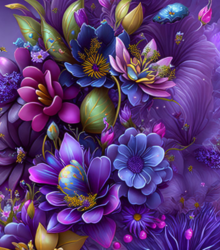 Colorful digital artwork featuring intricate purple and blue flowers