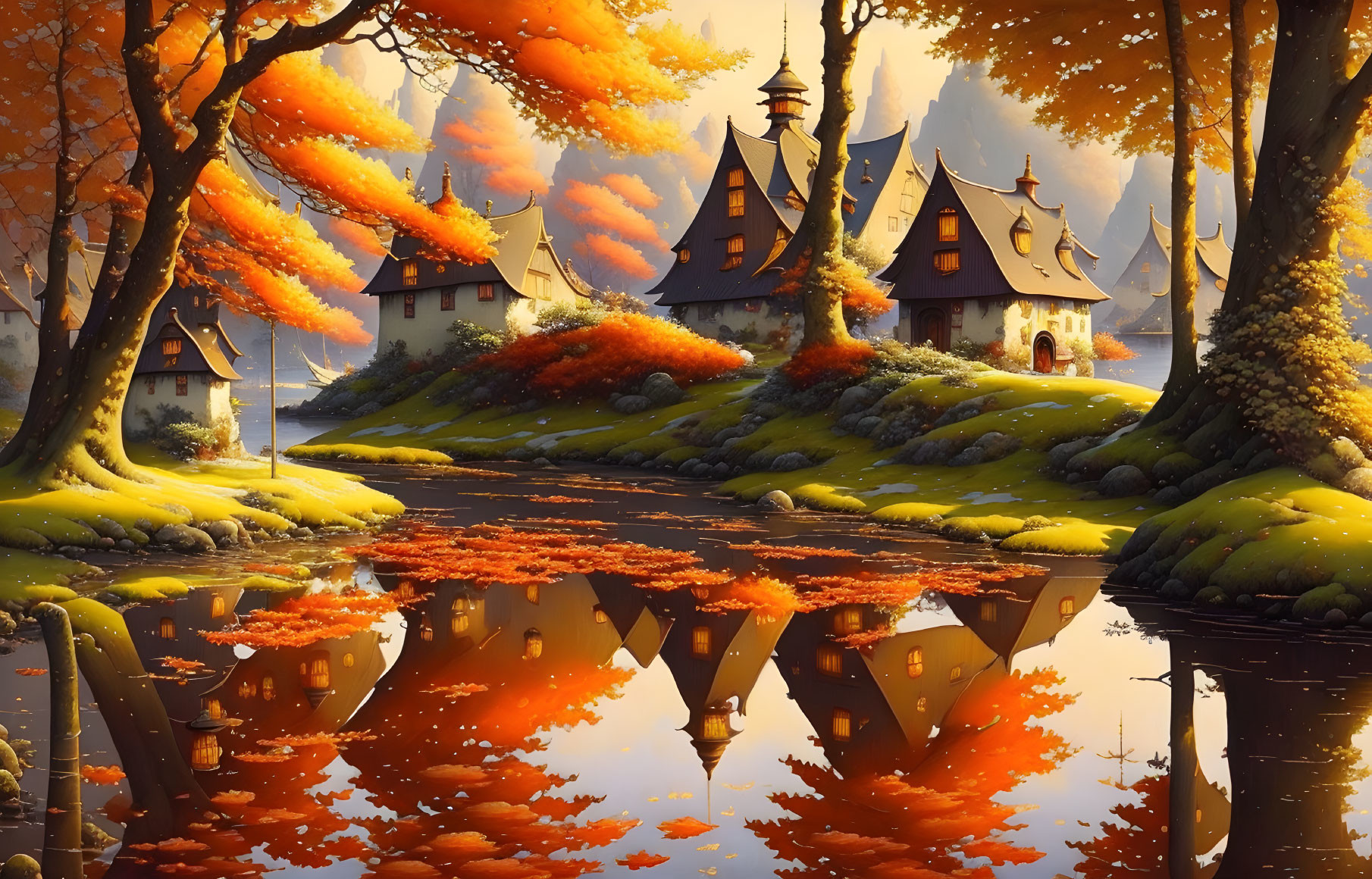 Tranquil lake with autumn cottages and fiery trees