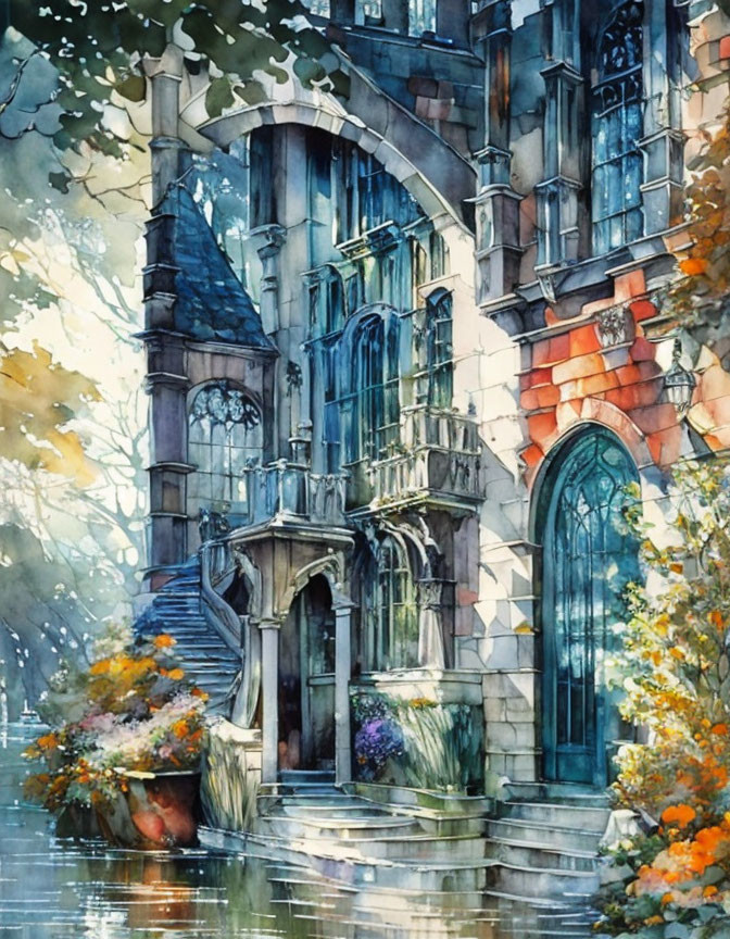 Gothic Style Building Watercolor Painting with Autumn Foliage