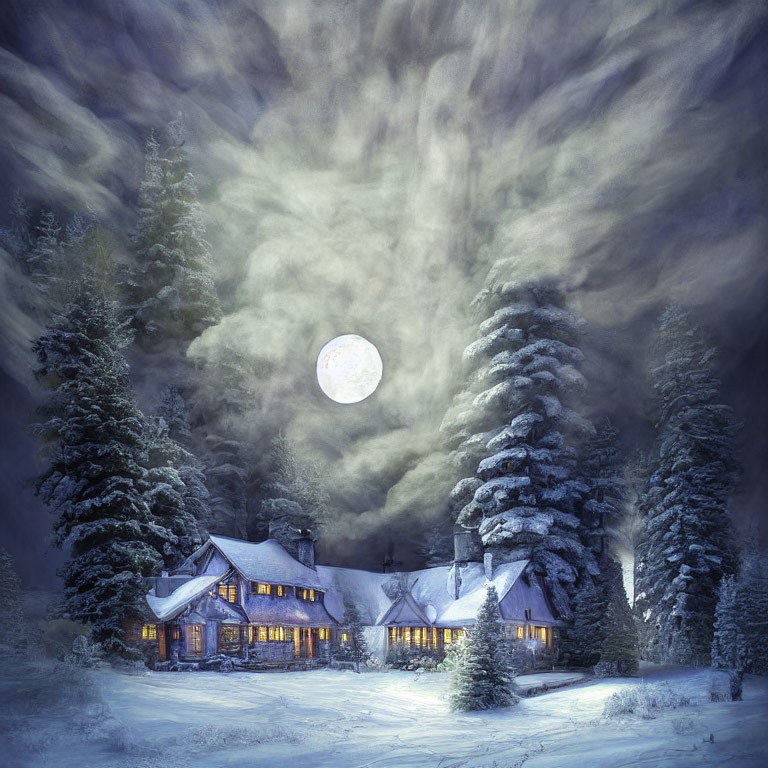 Snow-covered trees surround cozy cottage under full moon on wintry night.