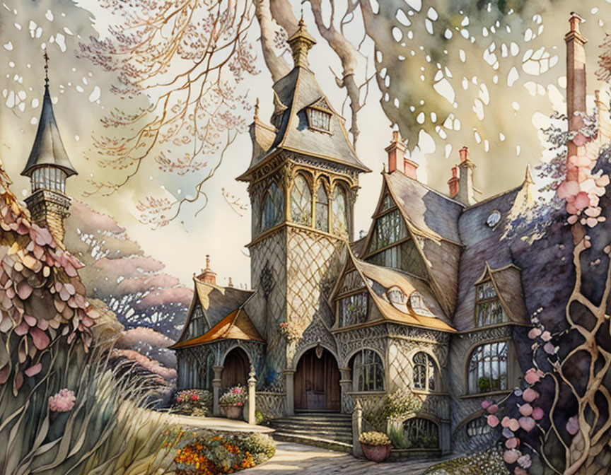 Detailed Fairytale Cottage Surrounded by Blooming Flowers