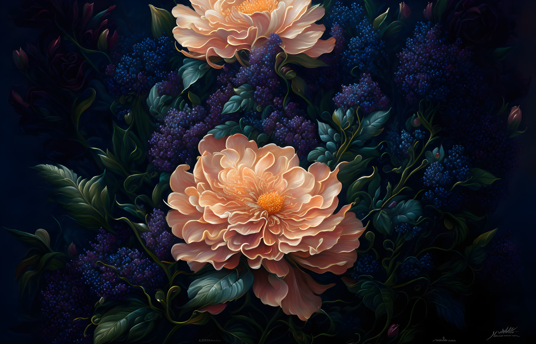 Vibrant orange peonies with dark purple foliage in digital painting