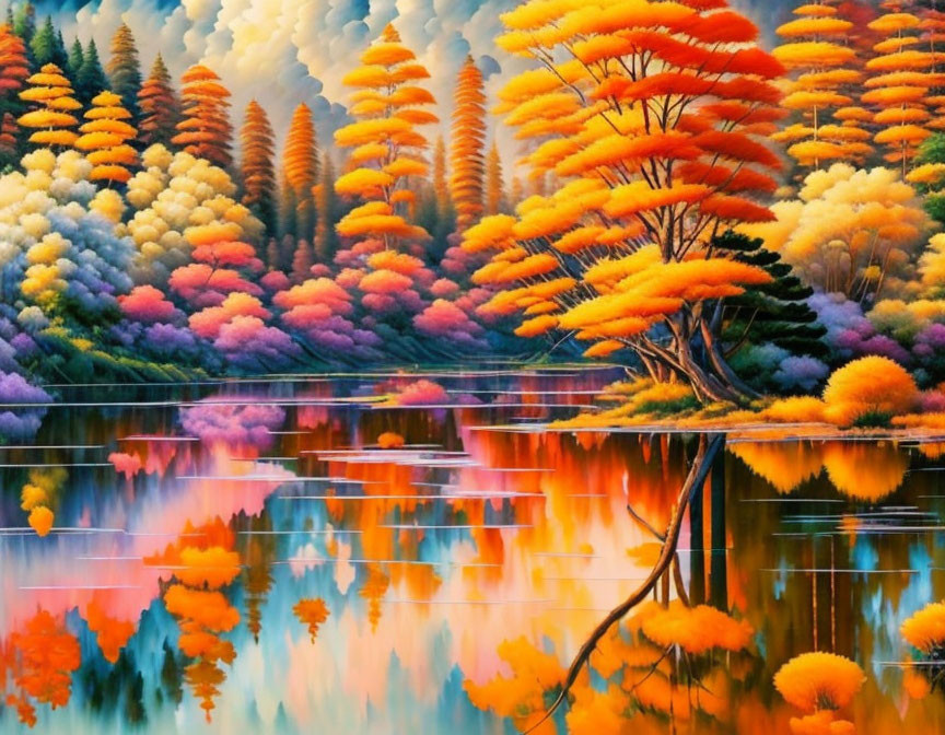 Colorful Autumn Landscape with Reflecting Trees by Tranquil Lake