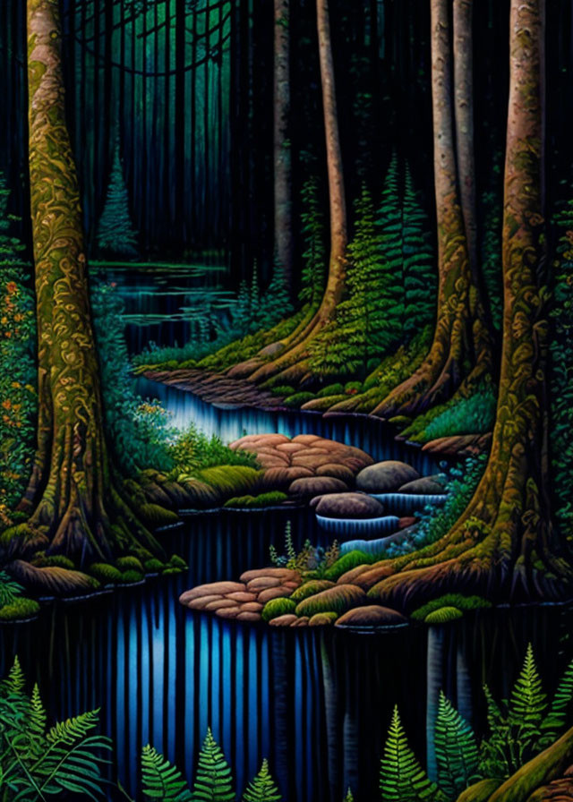 Mystical forest with towering trees and meandering stream