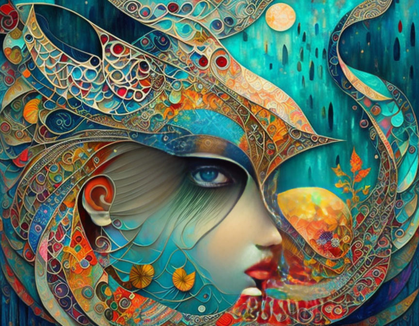 Surrealist artwork of woman's face with ornate patterns in vibrant colors