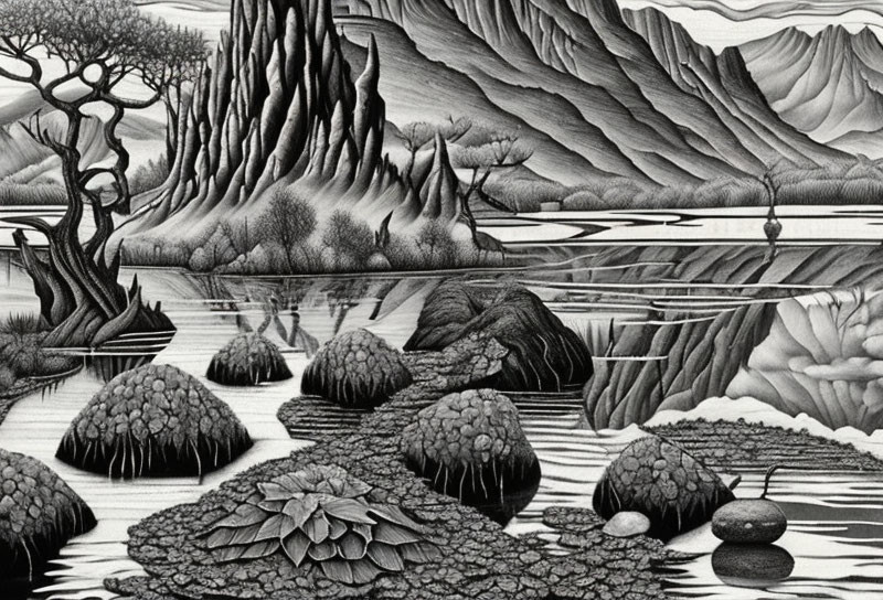 Detailed Monochromatic Landscape with Rock Formations, Bare Trees, and Layered Mountains