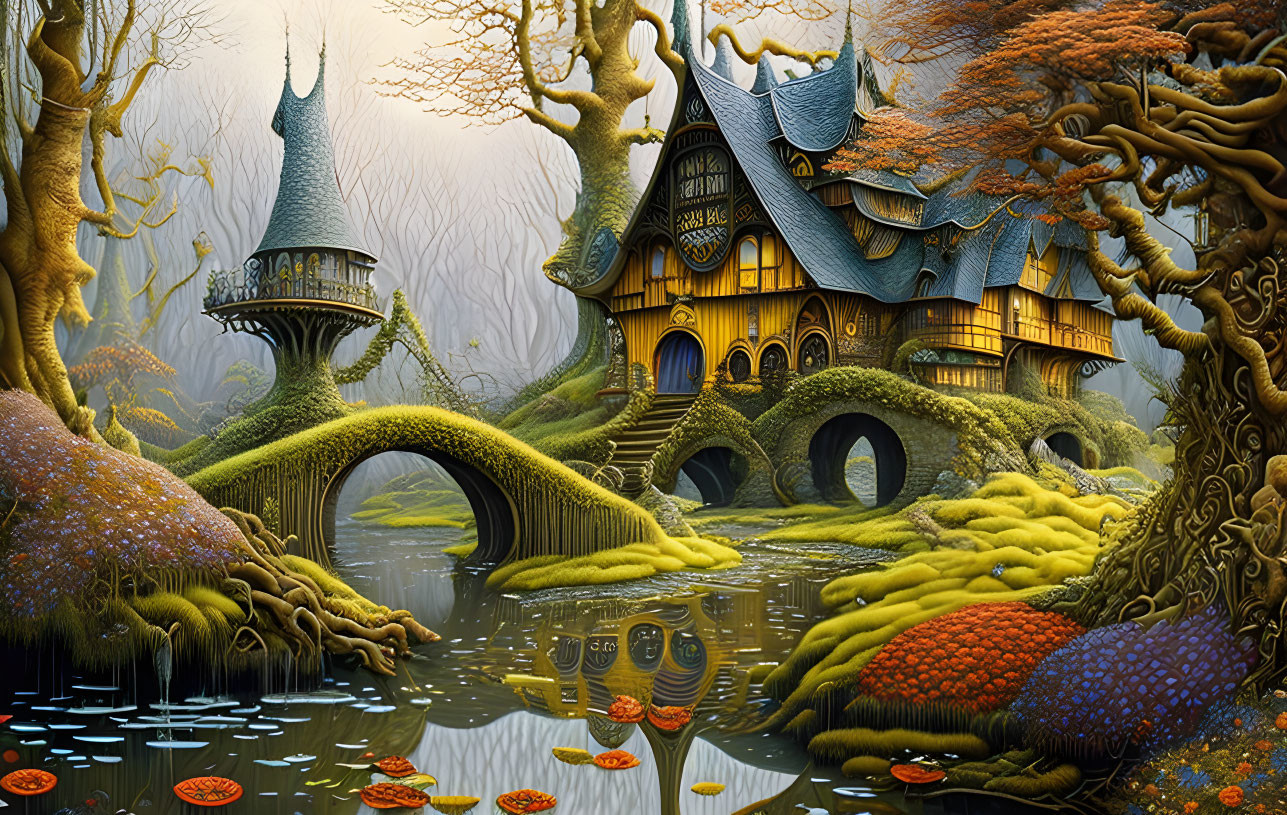 Whimsical treehouse structures in fantasy landscape