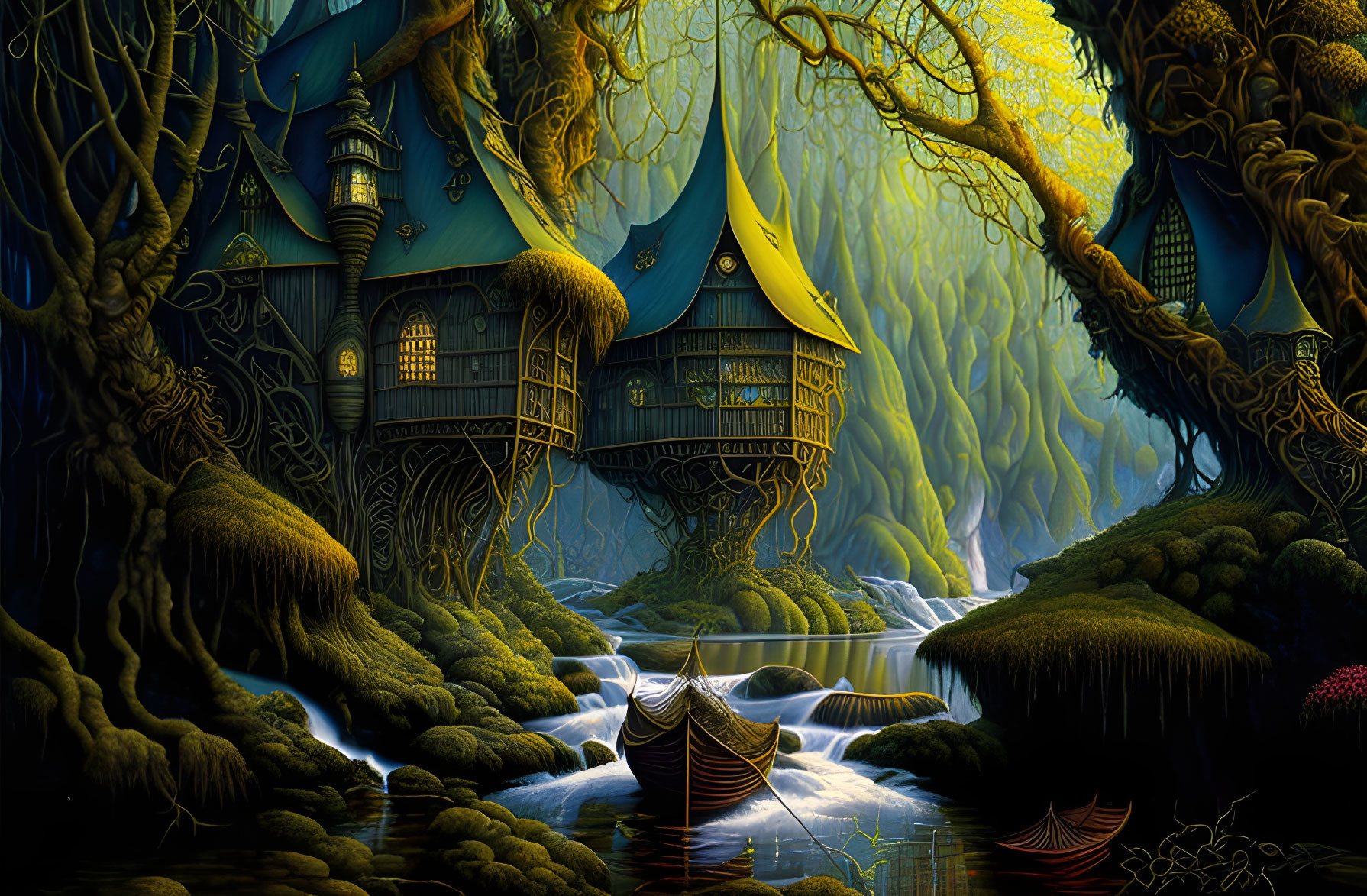 Fantasy art: Treehouse in mystical forest with river and boat