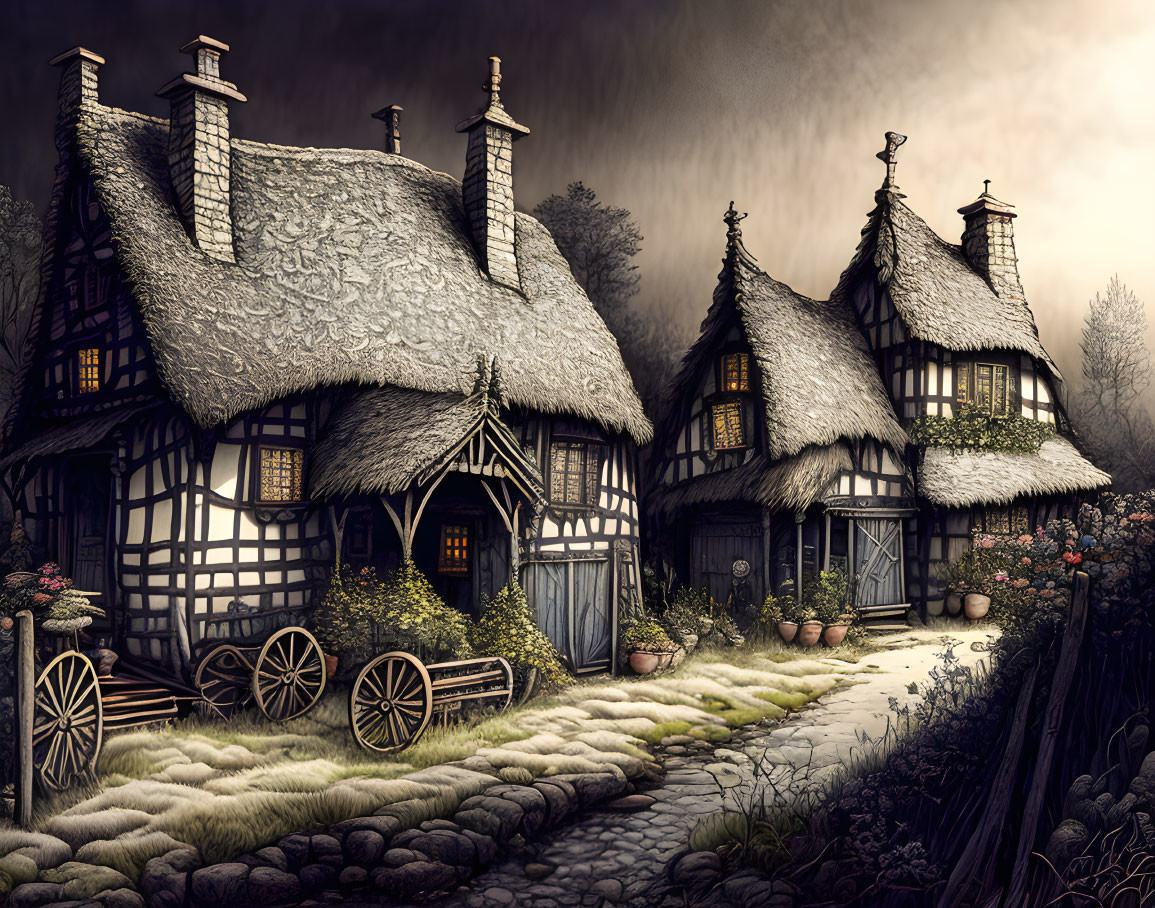 Twilight scene of thatched-roof cottages in old-world setting