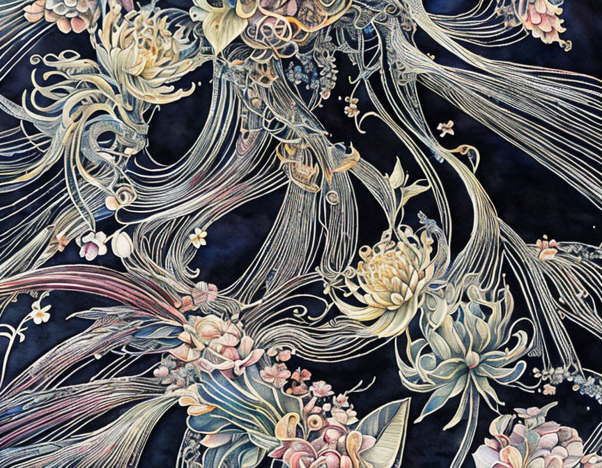 Detailed floral pattern artwork in whites, creams, and muted colors on dark background