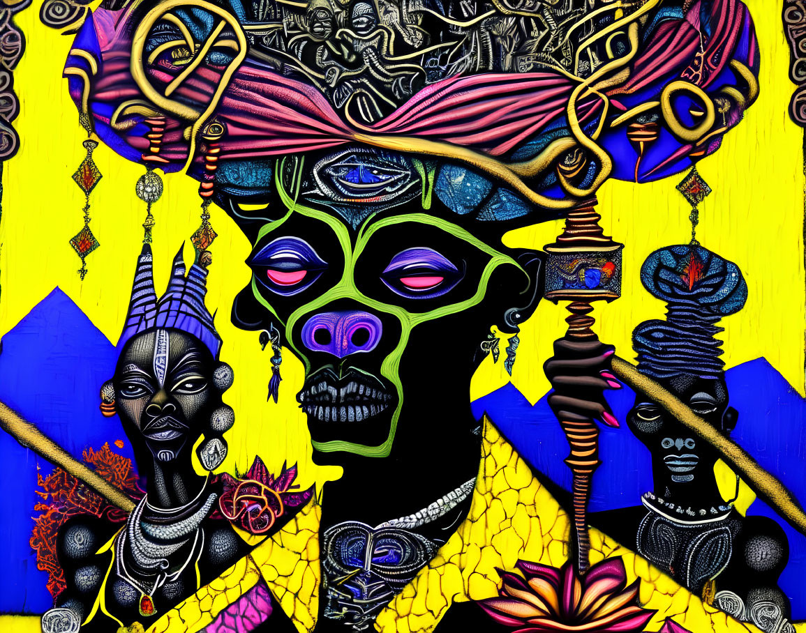 Colorful artwork of stylized woman with elaborate headwear and jewelry, flanked by figures on intricate