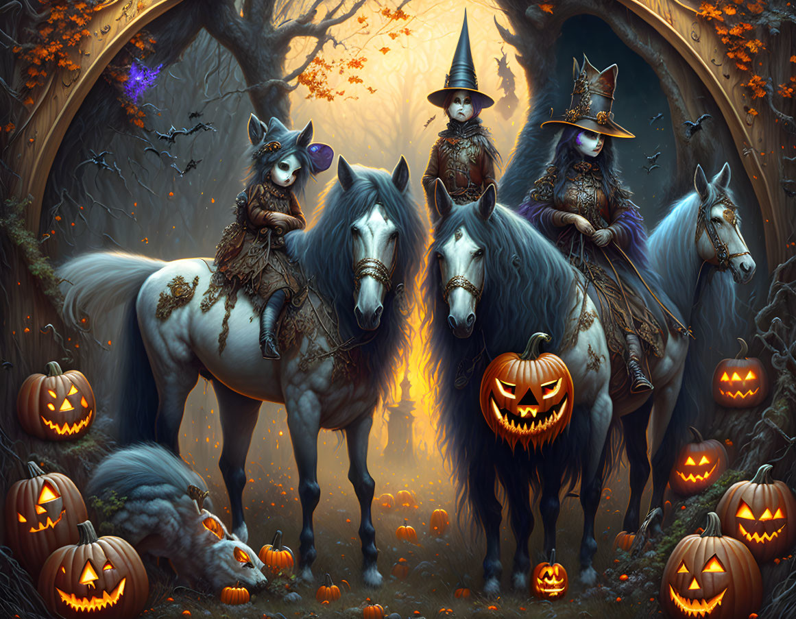 Witches on horses with jack-o'-lanterns in mystical autumn scene