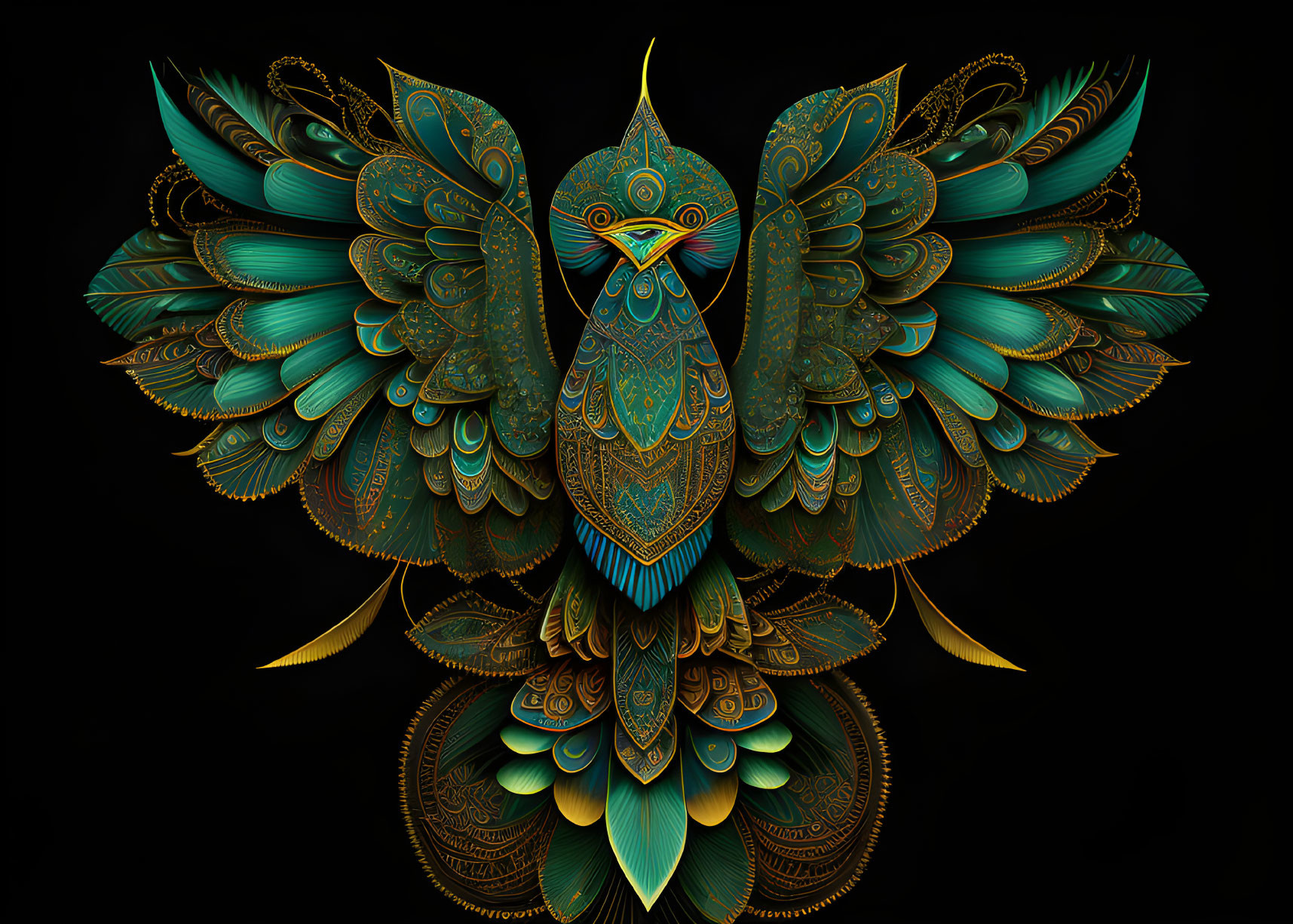 Stylized ornate owl digital art with teal and gold patterns