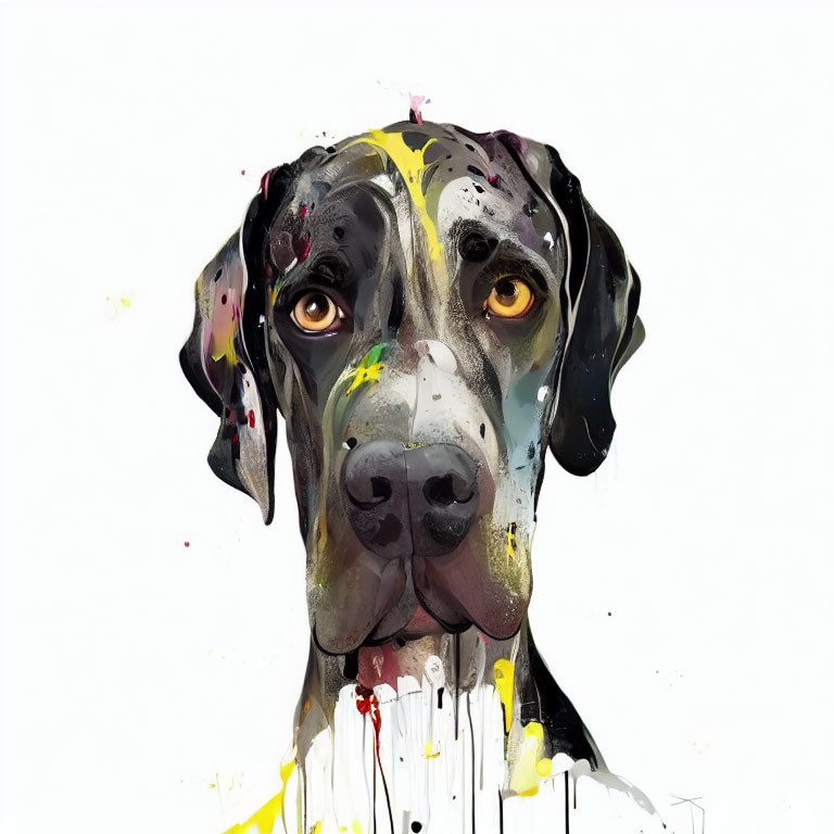 Vibrant Great Dane portrait with colorful paint splashes