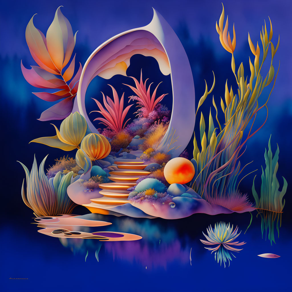 Vibrant surreal underwater scene with stylized flora and moon-like portal on deep blue backdrop