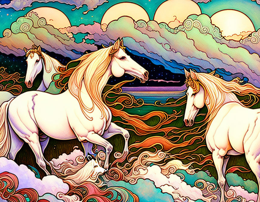 Colorful illustration: Two white horses in vibrant sunset scene