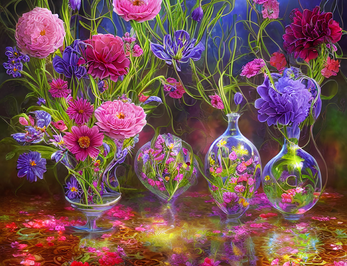 Colorful Flower Bouquet in Glass Vases Reflecting on Glossy Surface