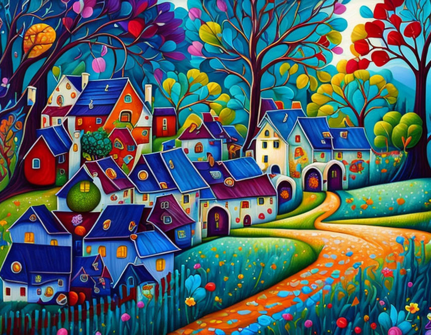 Vibrant village artwork with whimsical houses and floral landscape