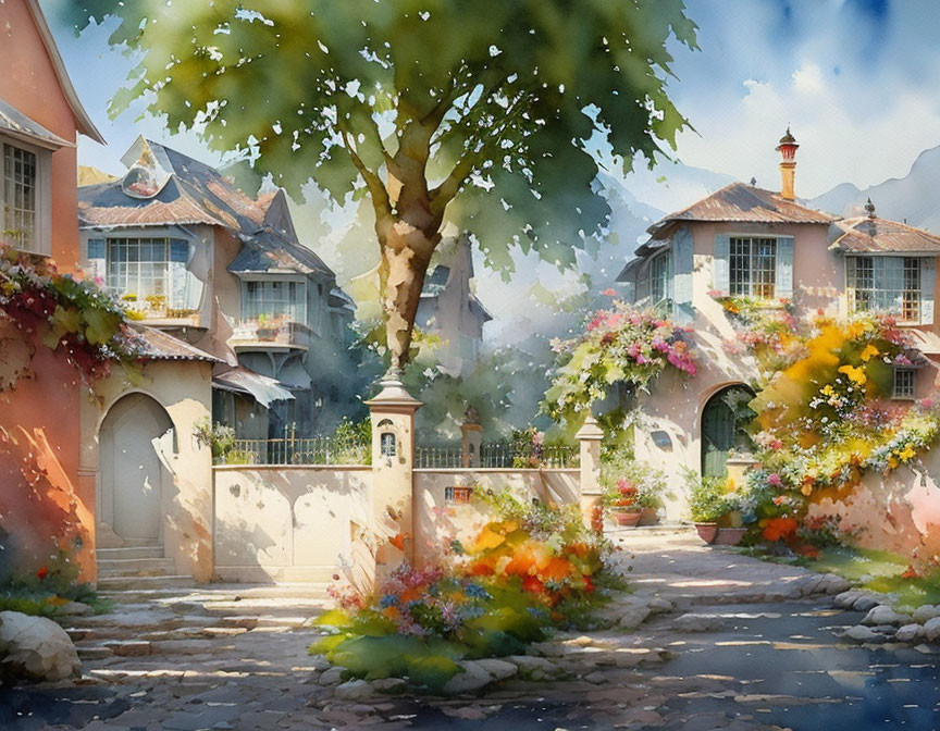 Picturesque European Village with Cobblestone Paths & Flowering Plants