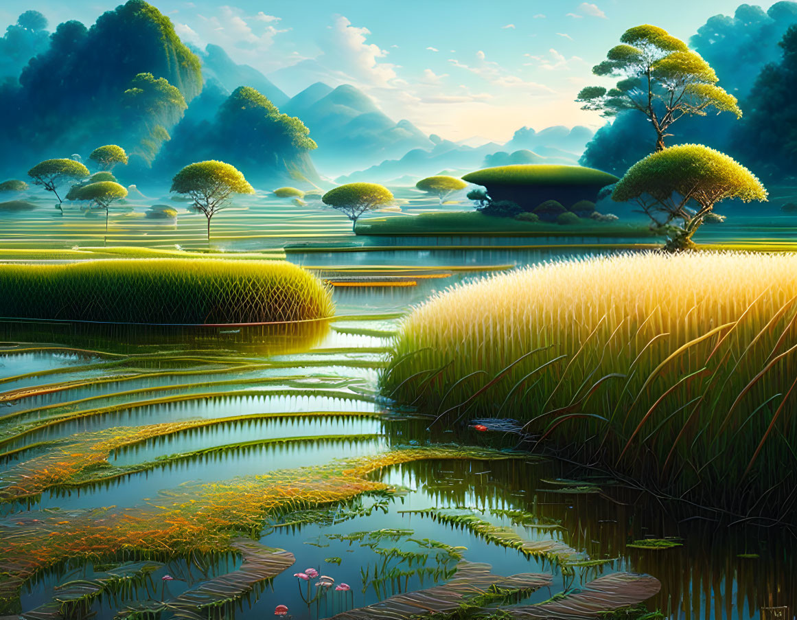 Tranquil landscape with terraced fields, water lilies, and mountains in golden light