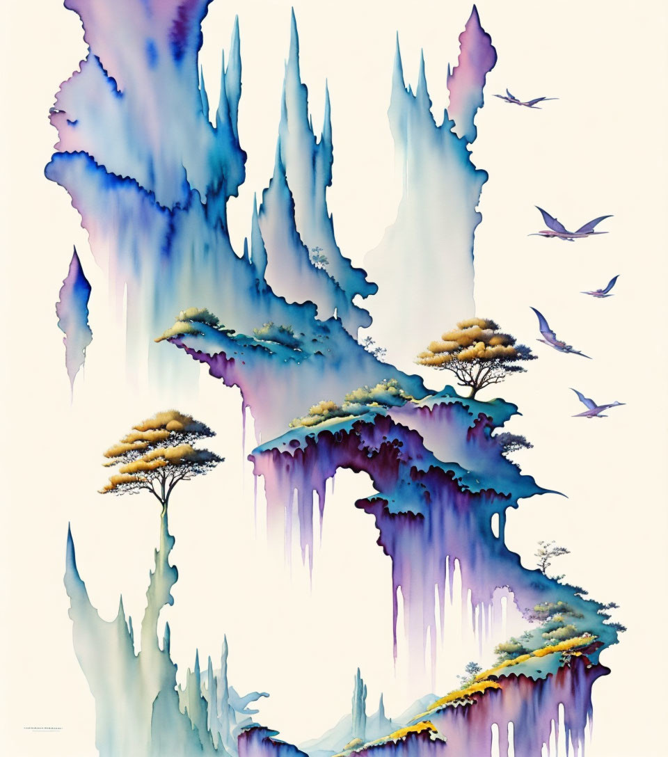 Colorful Abstract Art: Wispy Cliff and Tree Forms with Birds in Flight