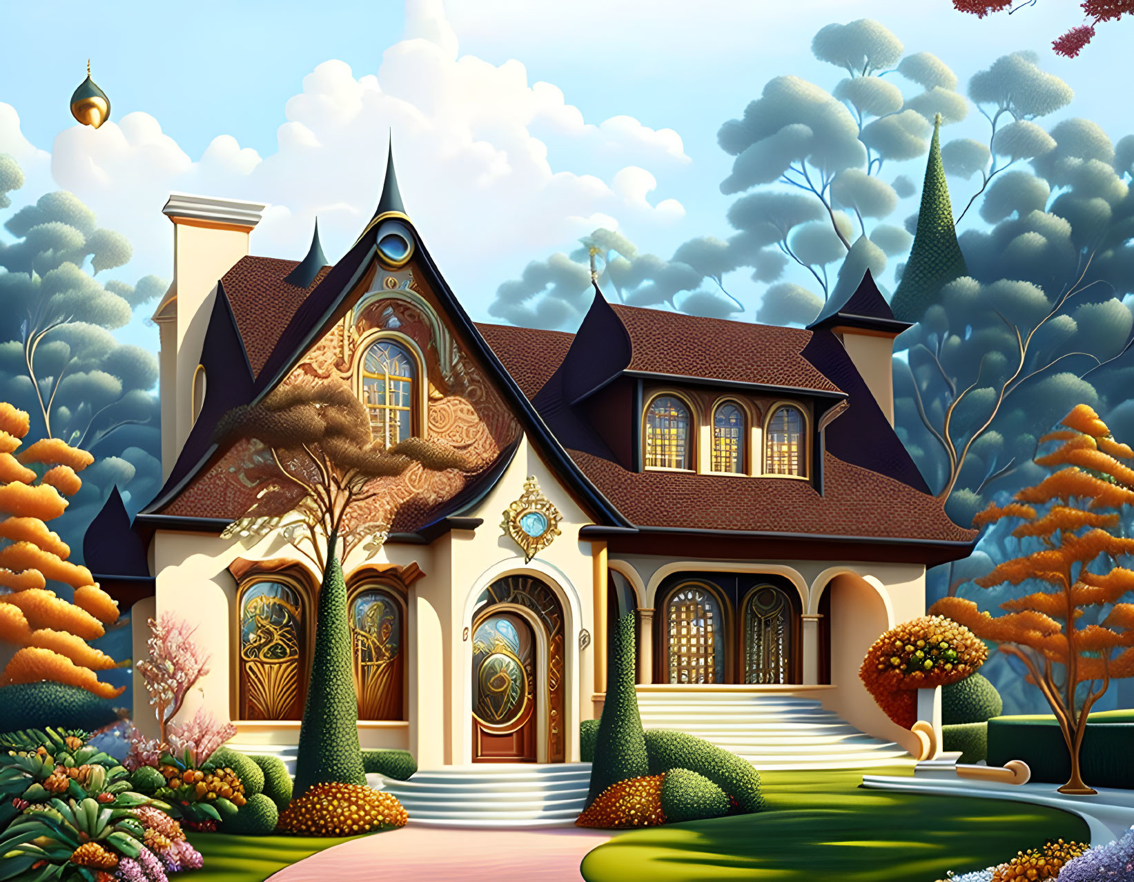 Vibrant Fantasy House Illustration with Whimsical Architecture